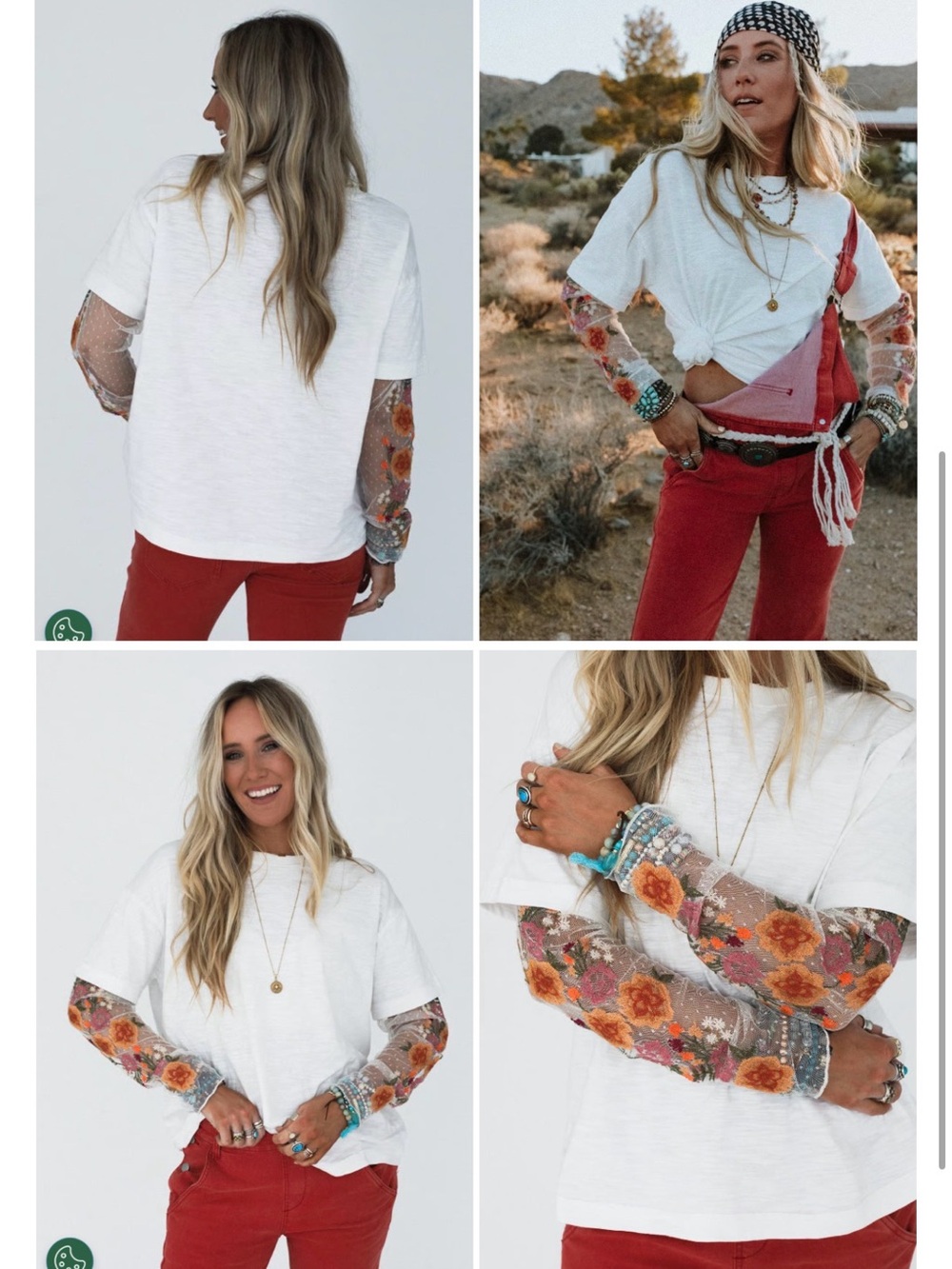 Three Bird Nest White Tee with Orange Floral Mesh Sleeves